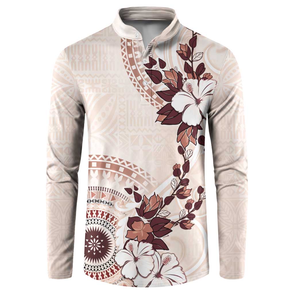 Bula Fiji Language Week Button Sweatshirt Fijian Tapa Pattern With Tagimoucia Flower LT05 Beige - Polynesian Pride