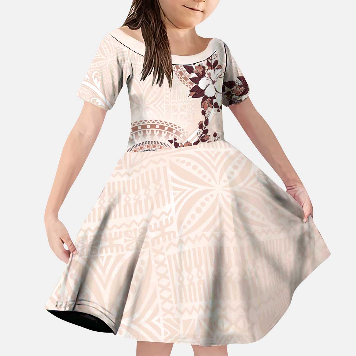 Bula Fiji Language Week Kid Short Sleeve Dress Fijian Tapa Pattern With Tagimoucia Flower LT05 KID Beige - Polynesian Pride
