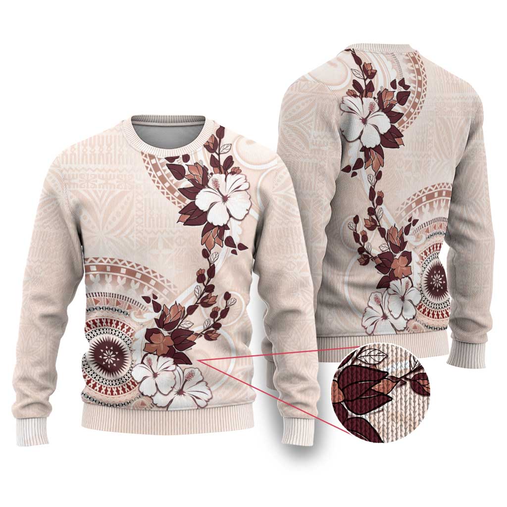 Bula Fiji Language Week Ugly Christmas Sweater Fijian Tapa Pattern With Tagimoucia Flower LT05 Beige - Polynesian Pride