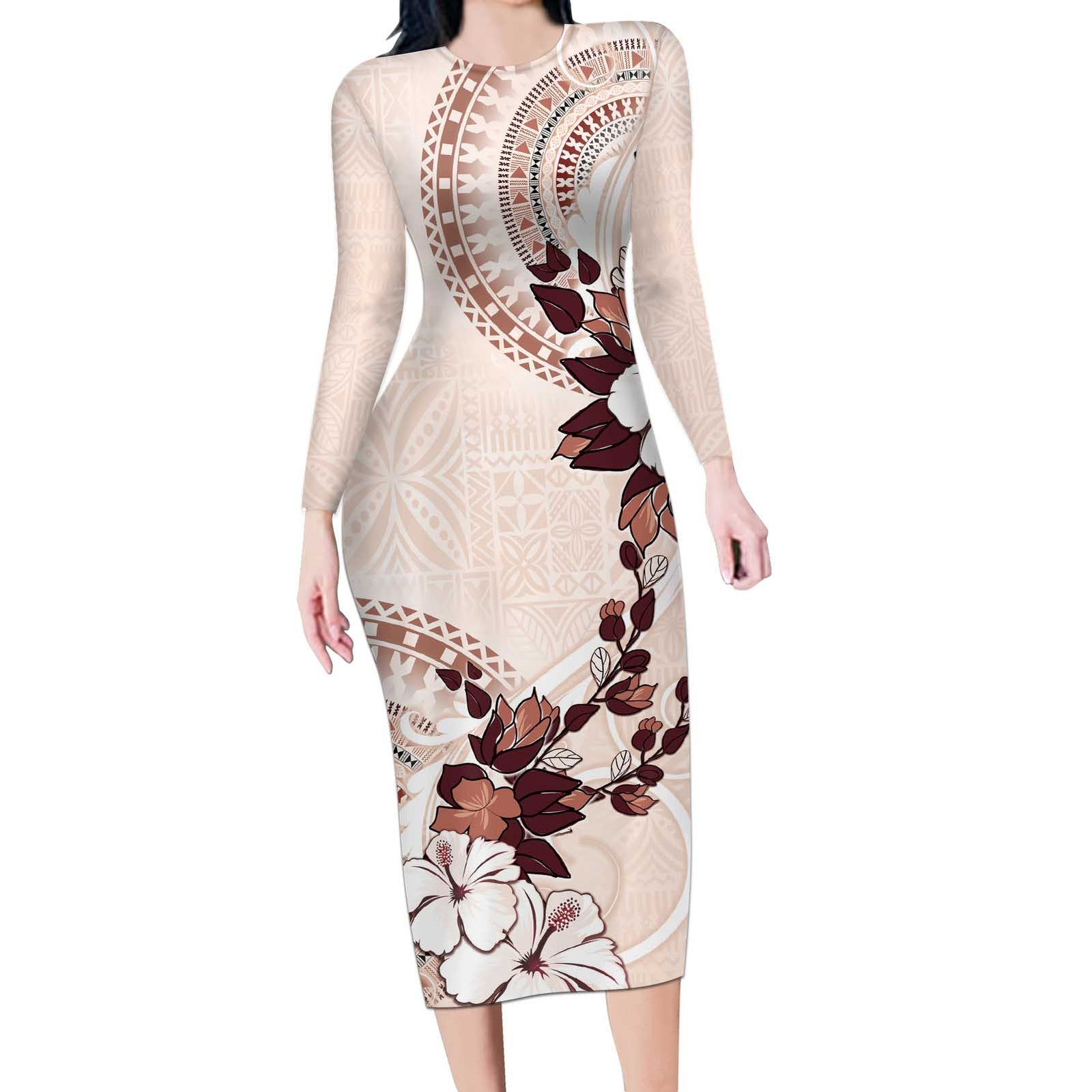 Bula Fiji Language Week Long Sleeve Bodycon Dress Fijian Tapa Pattern With Tagimoucia Flower LT05 Long Dress Beige - Polynesian Pride