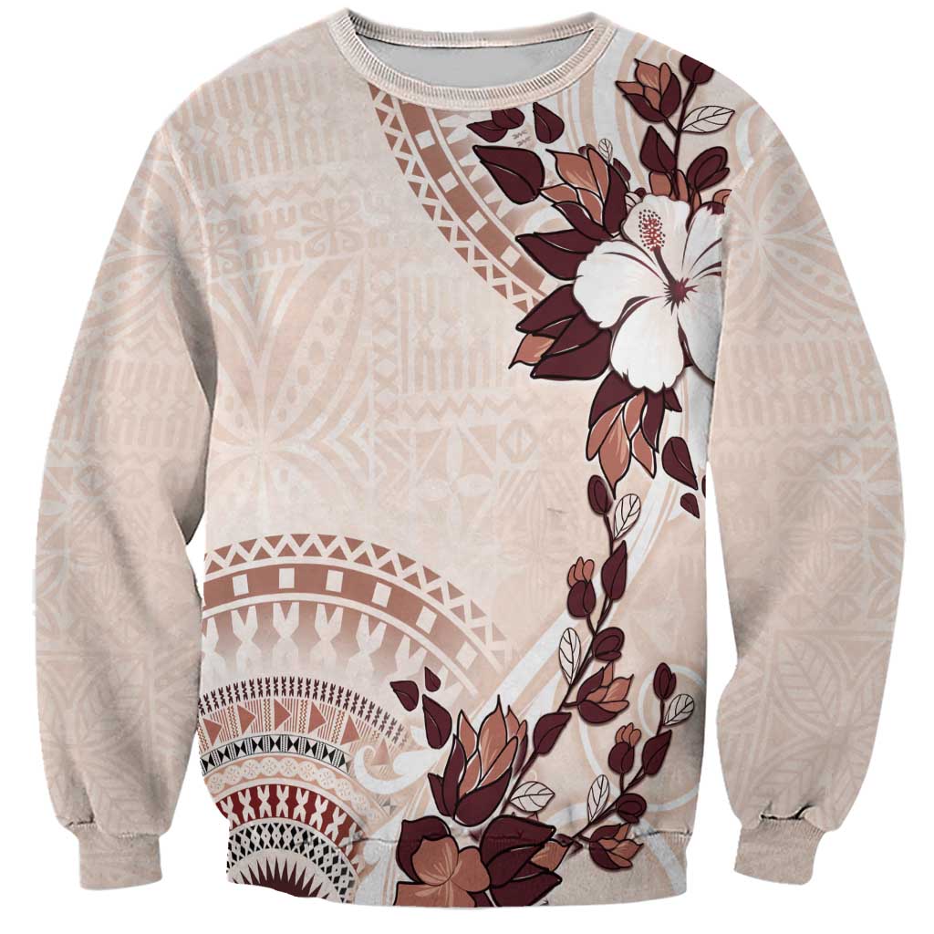 Bula Fiji Language Week Sweatshirt Fijian Tapa Pattern With Tagimoucia Flower LT05 Unisex Beige - Polynesian Pride