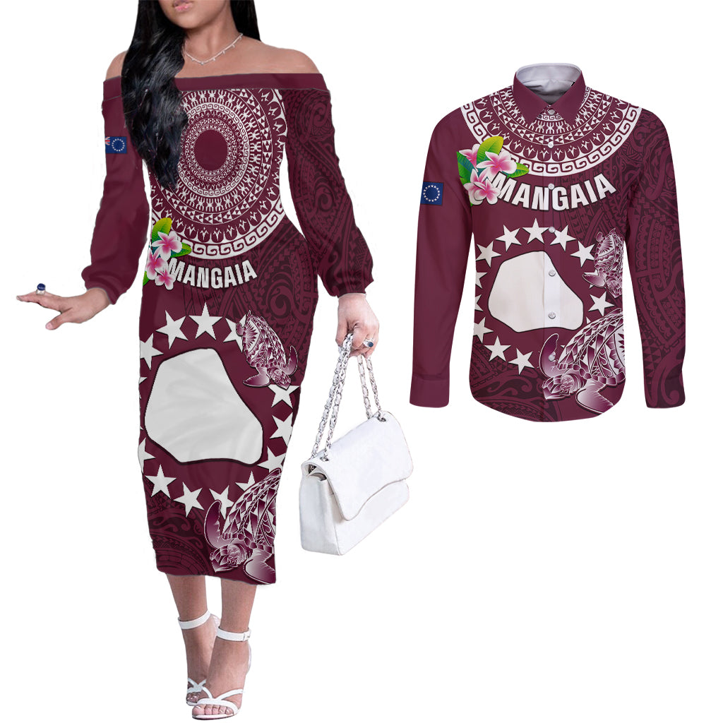 Cook Islands Mangaia Couples Matching Off The Shoulder Long Sleeve Dress and Long Sleeve Button Shirts Coat Of Arms Plumeria Polynesian Turtle LT05 Pink - Polynesian Pride