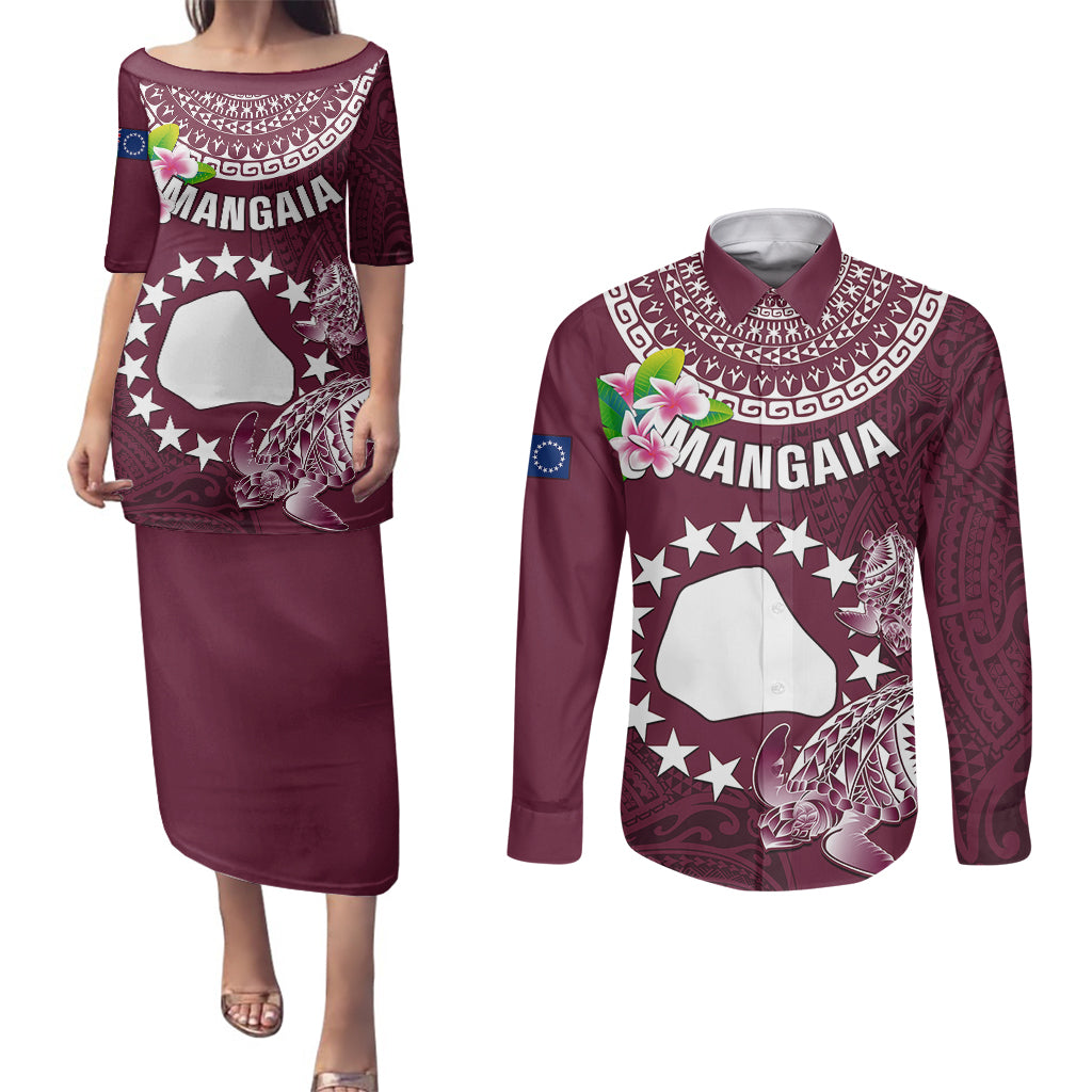 Cook Islands Mangaia Couples Matching Puletasi Dress and Long Sleeve Button Shirts Coat Of Arms Plumeria Polynesian Turtle LT05 Pink - Polynesian Pride