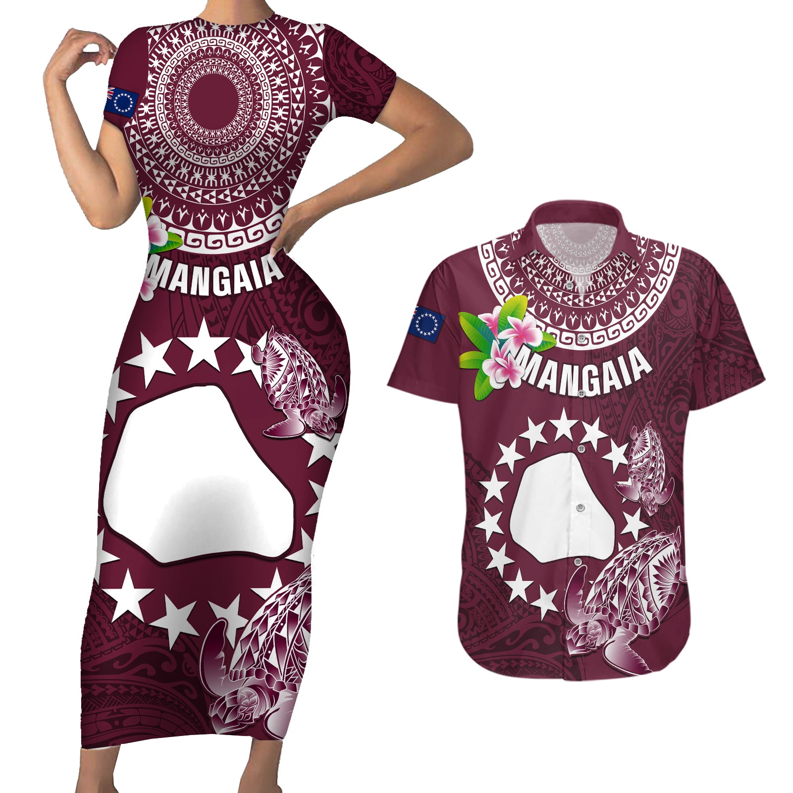 Personalized Cook Islands Mangaia Couples Matching Short Sleeve Bodycon Dress and Hawaiian Shirt Coat Of Arms Plumeria Polynesian Turtle LT05 Pink - Polynesian Pride