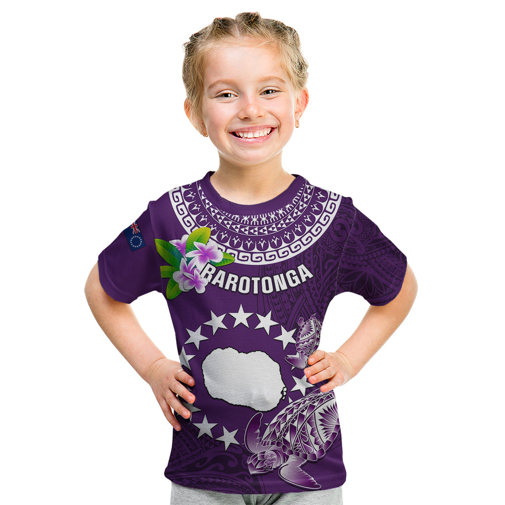 Personalized Cook Islands Rarotonga Kid T Shirt Coat Of Arms Plumeria Polynesian Turtle LT05 Purple - Polynesian Pride