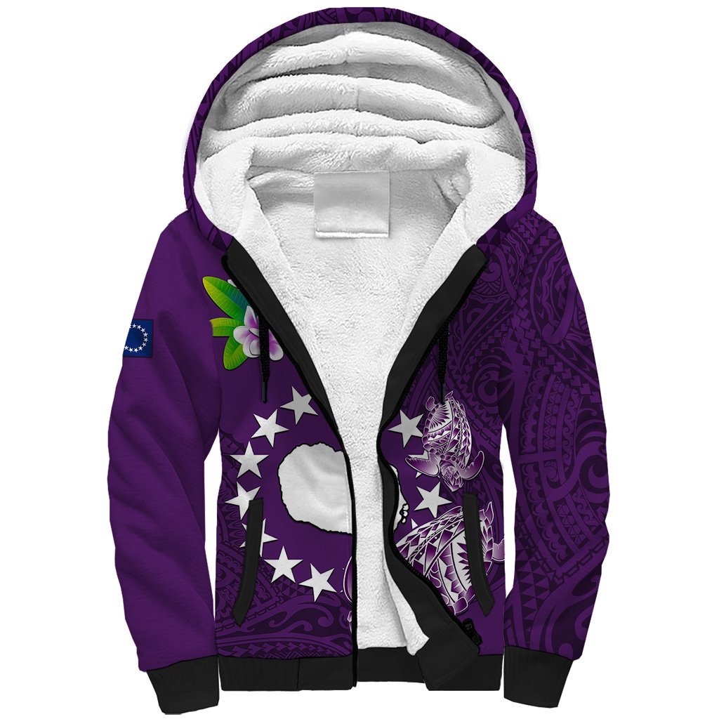 Personalized Cook Islands Rarotonga Sherpa Hoodie Coat Of Arms Plumeria Polynesian Turtle LT05 Unisex Purple - Polynesian Pride