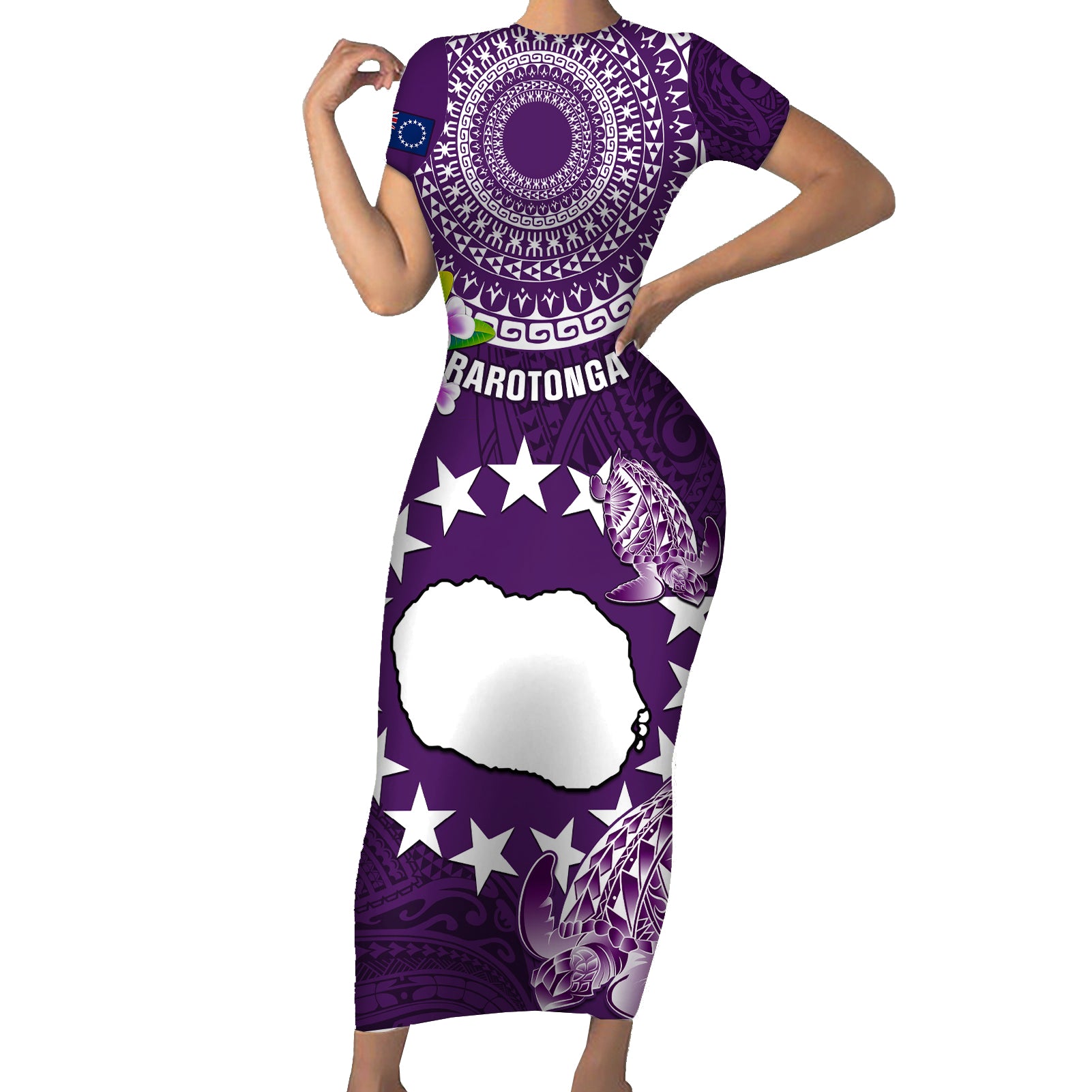 Personalized Cook Islands Rarotonga Short Sleeve Bodycon Dress Coat Of Arms Plumeria Polynesian Turtle LT05 Long Dress Purple - Polynesian Pride