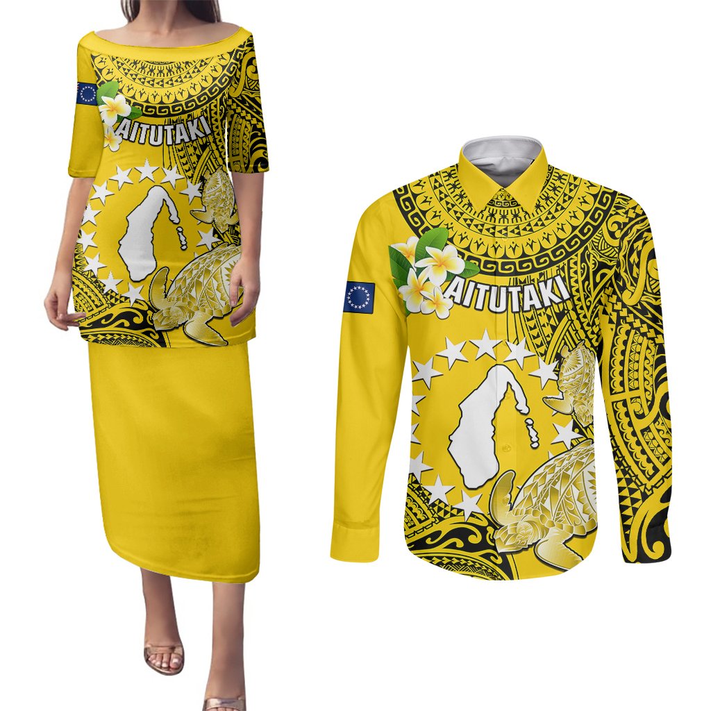 Personalized Cook Islands Aitutaki Couples Matching Puletasi Dress and Long Sleeve Button Shirts Coat Of Arms Plumeria Polynesian Turtle LT05 Yellow - Polynesian Pride