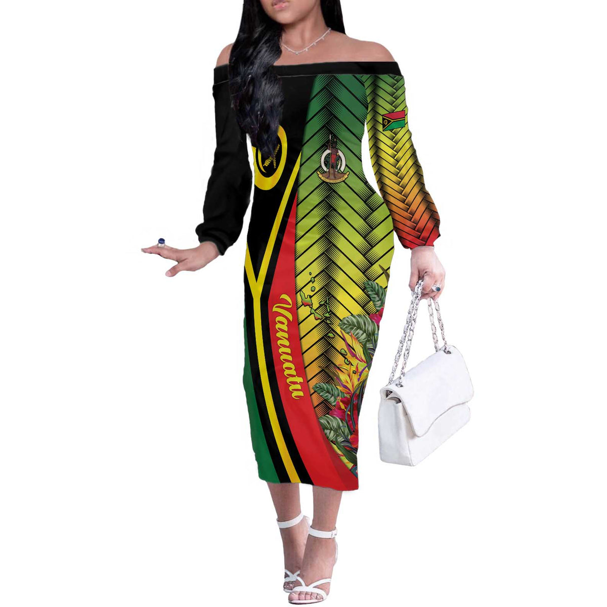 Vanuatu Constitution Day Off The Shoulder Long Sleeve Dress Long Live Vanuatu LT05 Women Colorful - Polynesian Pride