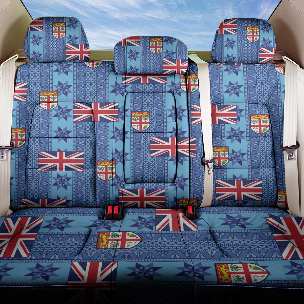 Fiji Masi Tapa Back Car Seat Cover Coat Of Arms LT05 One Size Blue - Polynesian Pride