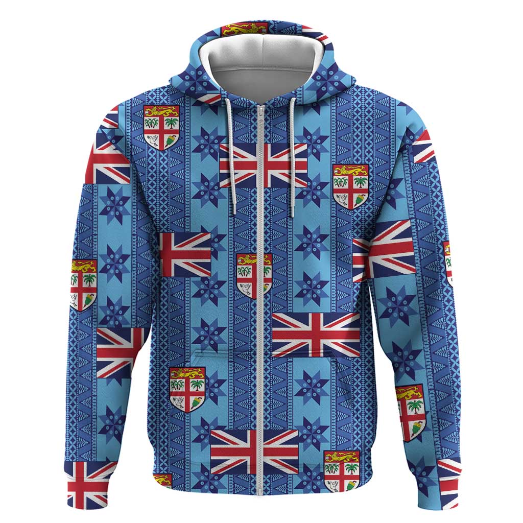 Fiji Masi Tapa Hoodie Coat Of Arms LT05 Zip Hoodie Blue - Polynesian Pride