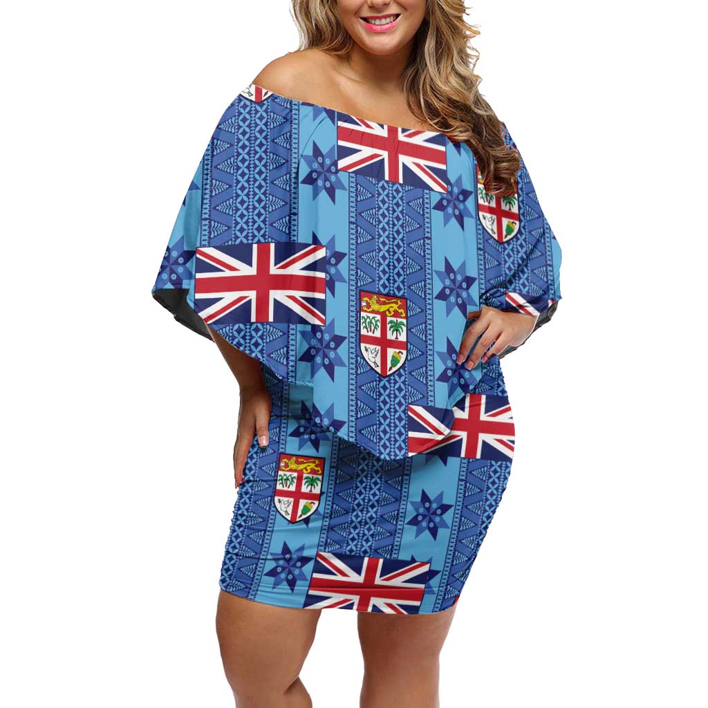 Fiji Masi Tapa Off Shoulder Short Dress Coat Of Arms LT05 Women Blue - Polynesian Pride