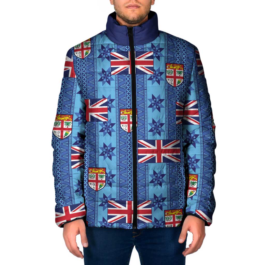 Fiji Masi Tapa Padded Jacket Coat Of Arms LT05 Men Blue - Polynesian Pride