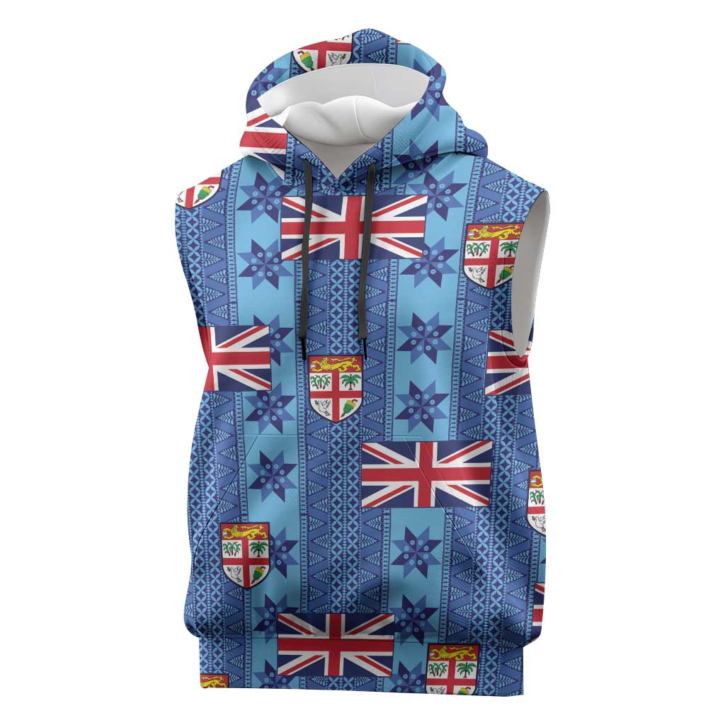Fiji Masi Tapa Sleeveless Hoodie Coat Of Arms LT05 Blue - Polynesian Pride