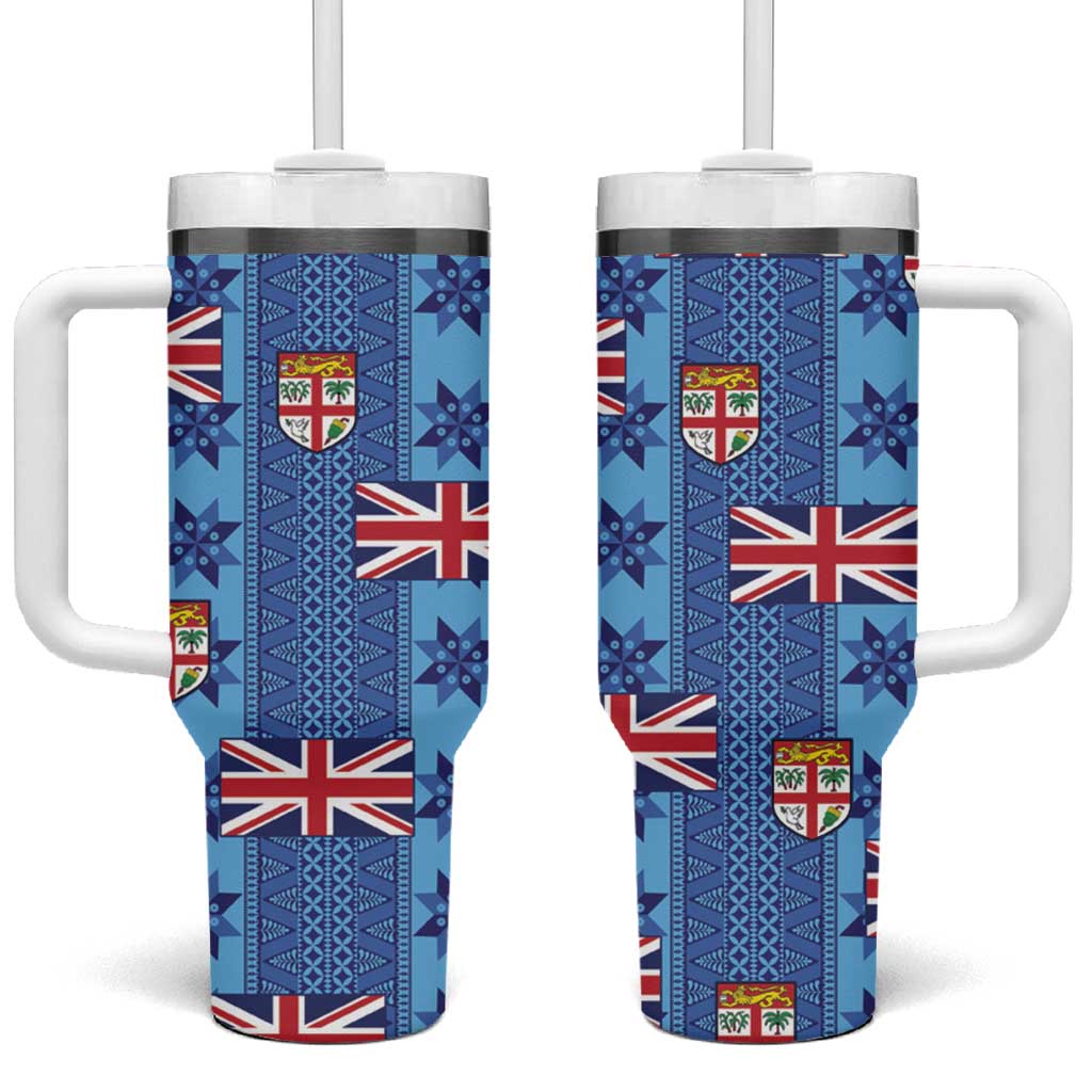 Fiji Masi Tapa Tumbler With Handle Coat Of Arms LT05 One Size: 40 oz Blue - Polynesian Pride