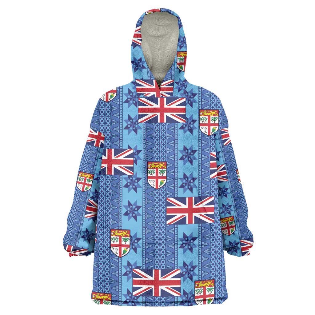 Fiji Masi Tapa Wearable Blanket Hoodie Coat Of Arms LT05 One Size Blue - Polynesian Pride