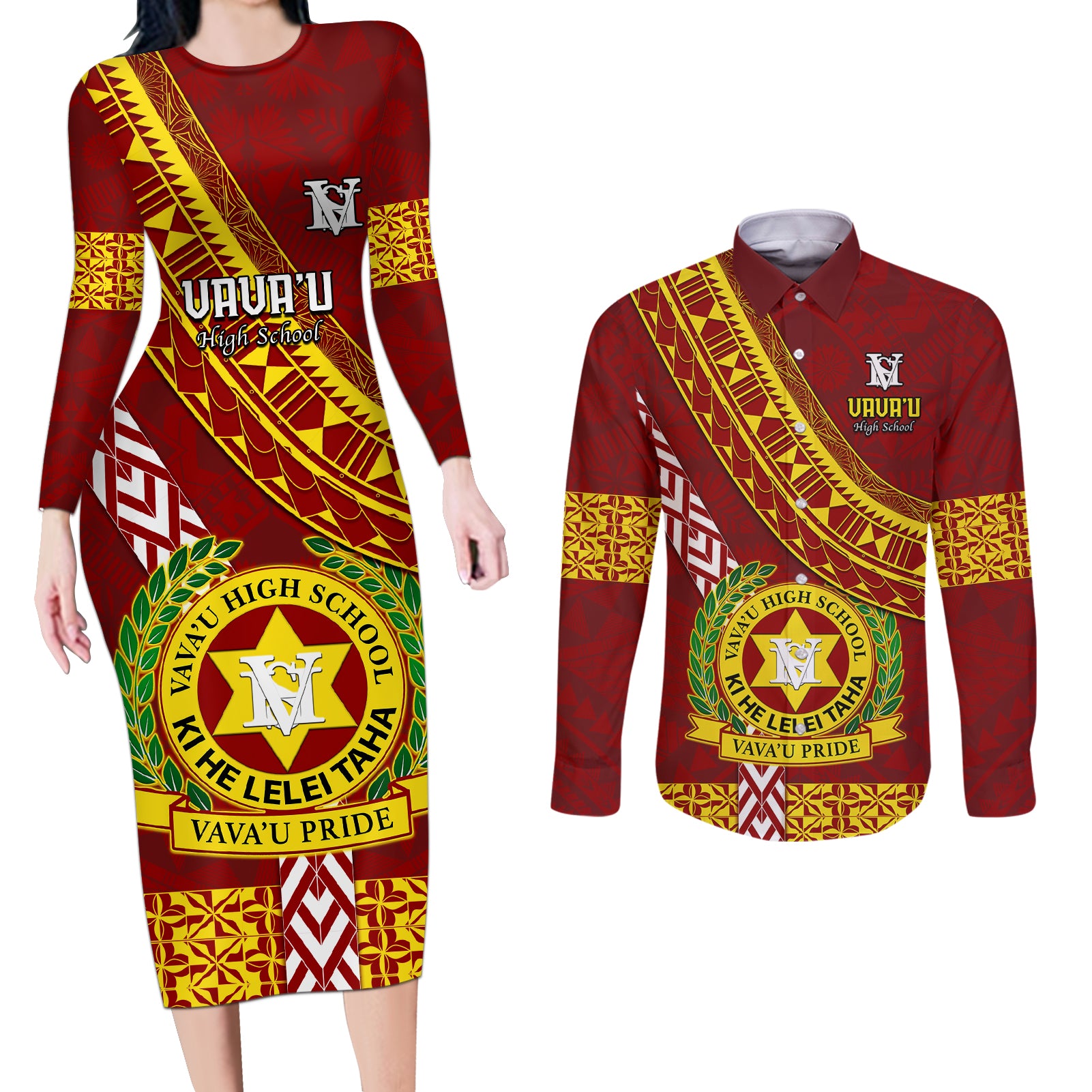 custom-vavau-high-school-couples-matching-long-sleeve-bodycon-dress-and-long-sleeve-button-shirts-tongan-kupesi-pattern