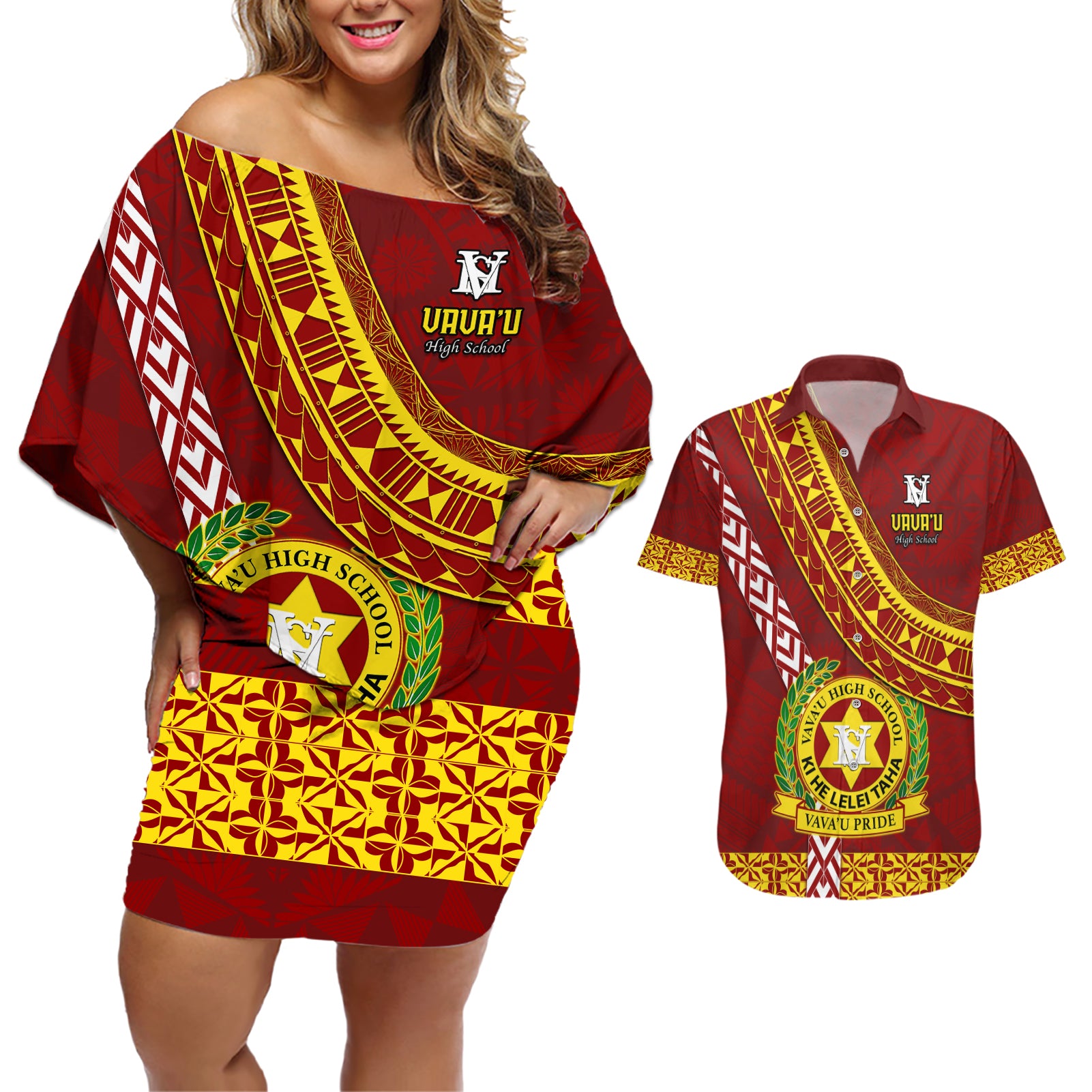 custom-vavau-high-school-couples-matching-off-shoulder-short-dress-and-hawaiian-shirt-tongan-kupesi-pattern