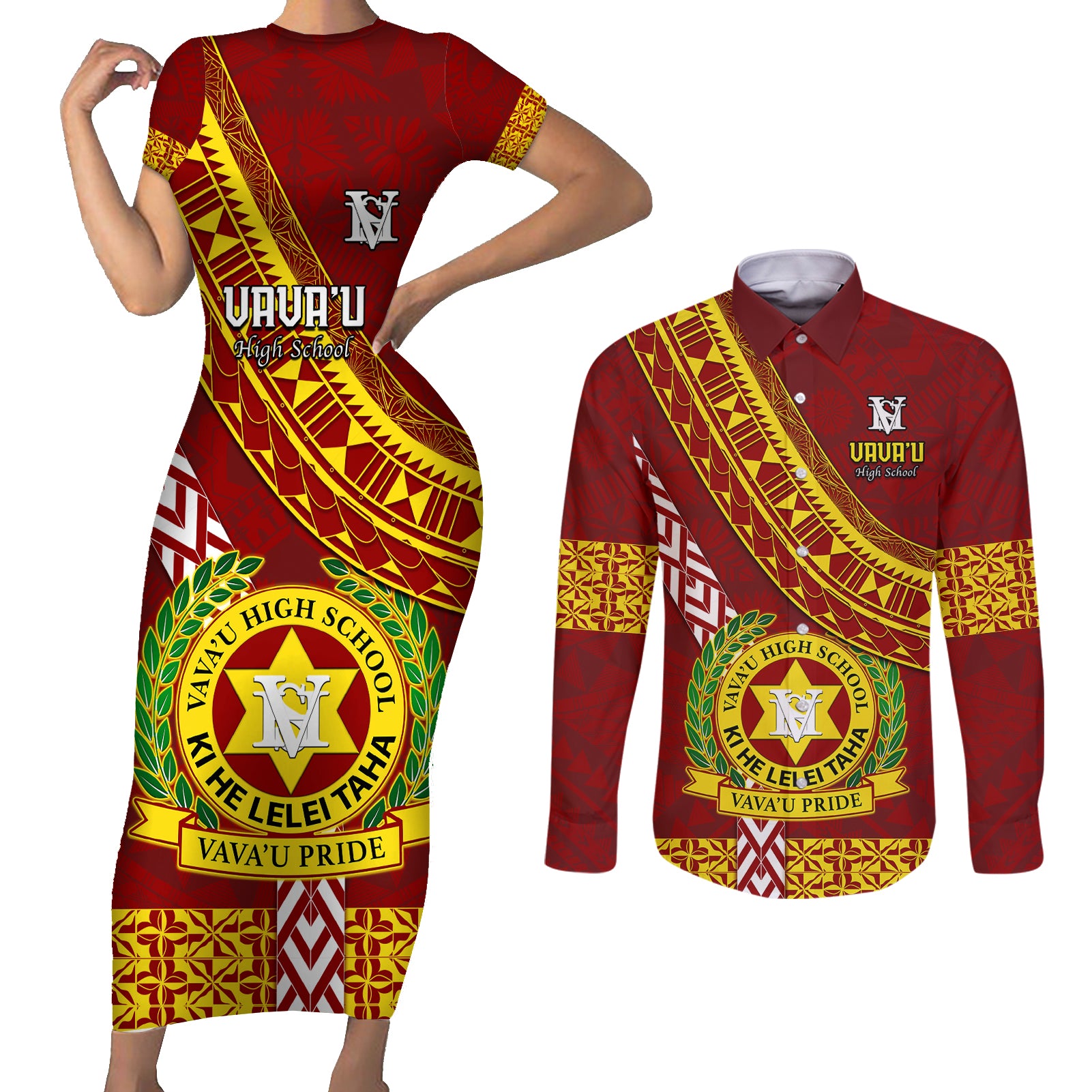 custom-vavau-high-school-couples-matching-short-sleeve-bodycon-dress-and-long-sleeve-button-shirts-tongan-kupesi-pattern