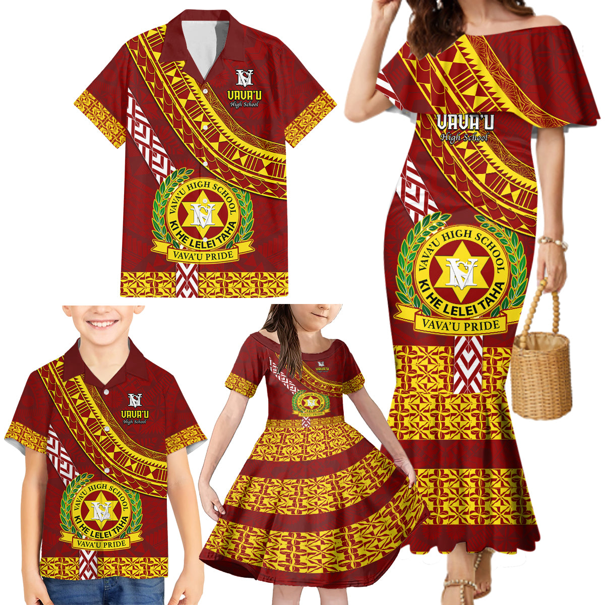 Custom Vavau High School Family Matching Mermaid Dress and Hawaiian Shirt Tongan Kupesi Pattern LT05 - Polynesian Pride