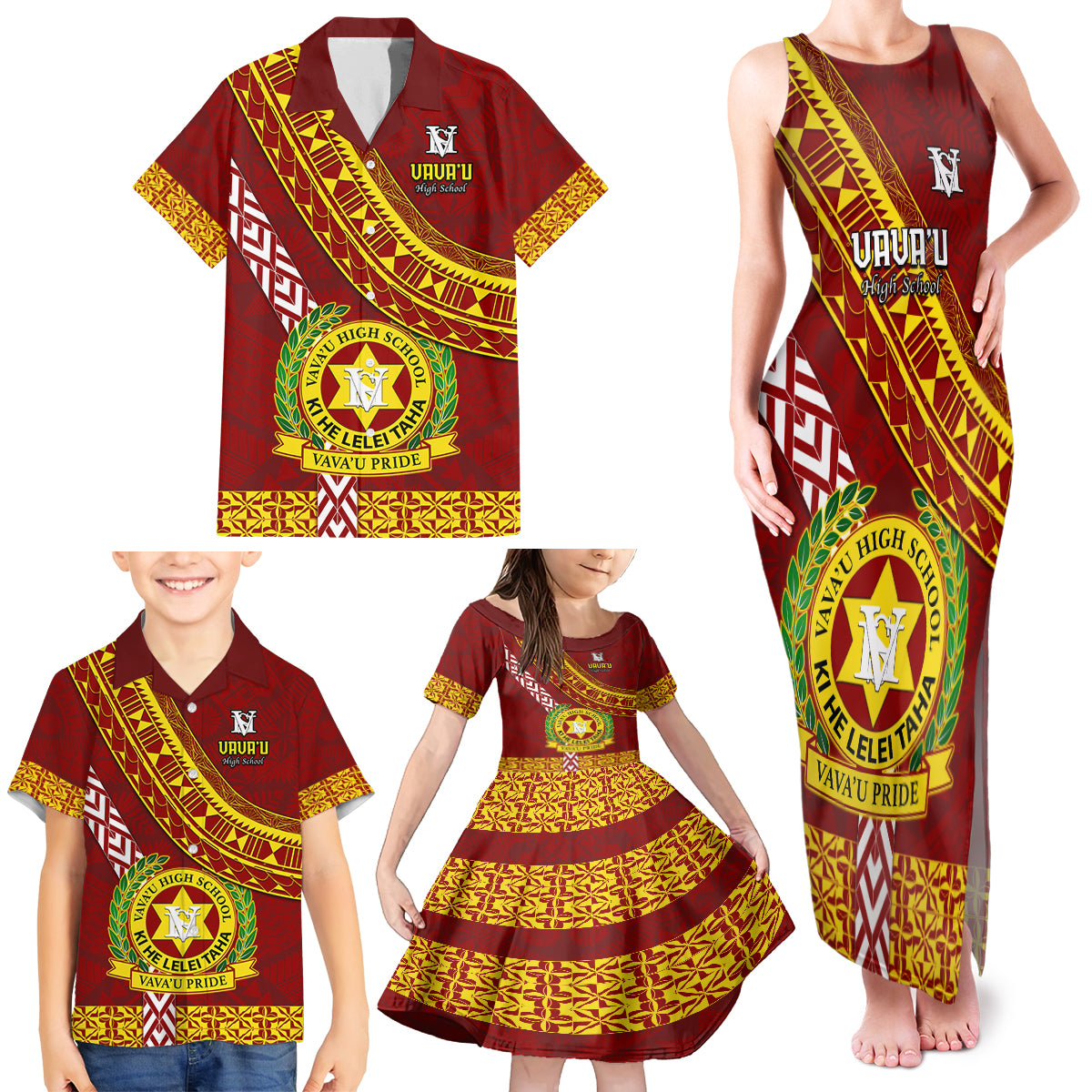 Custom Vavau High School Family Matching Tank Maxi Dress and Hawaiian Shirt Tongan Kupesi Pattern LT05 - Polynesian Pride