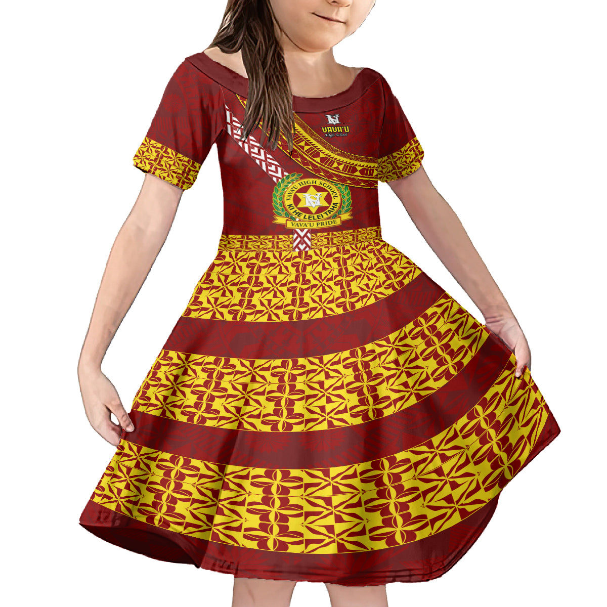 Custom Vavau High School Kid Short Sleeve Dress Tongan Kupesi Pattern LT05 KID Red - Polynesian Pride