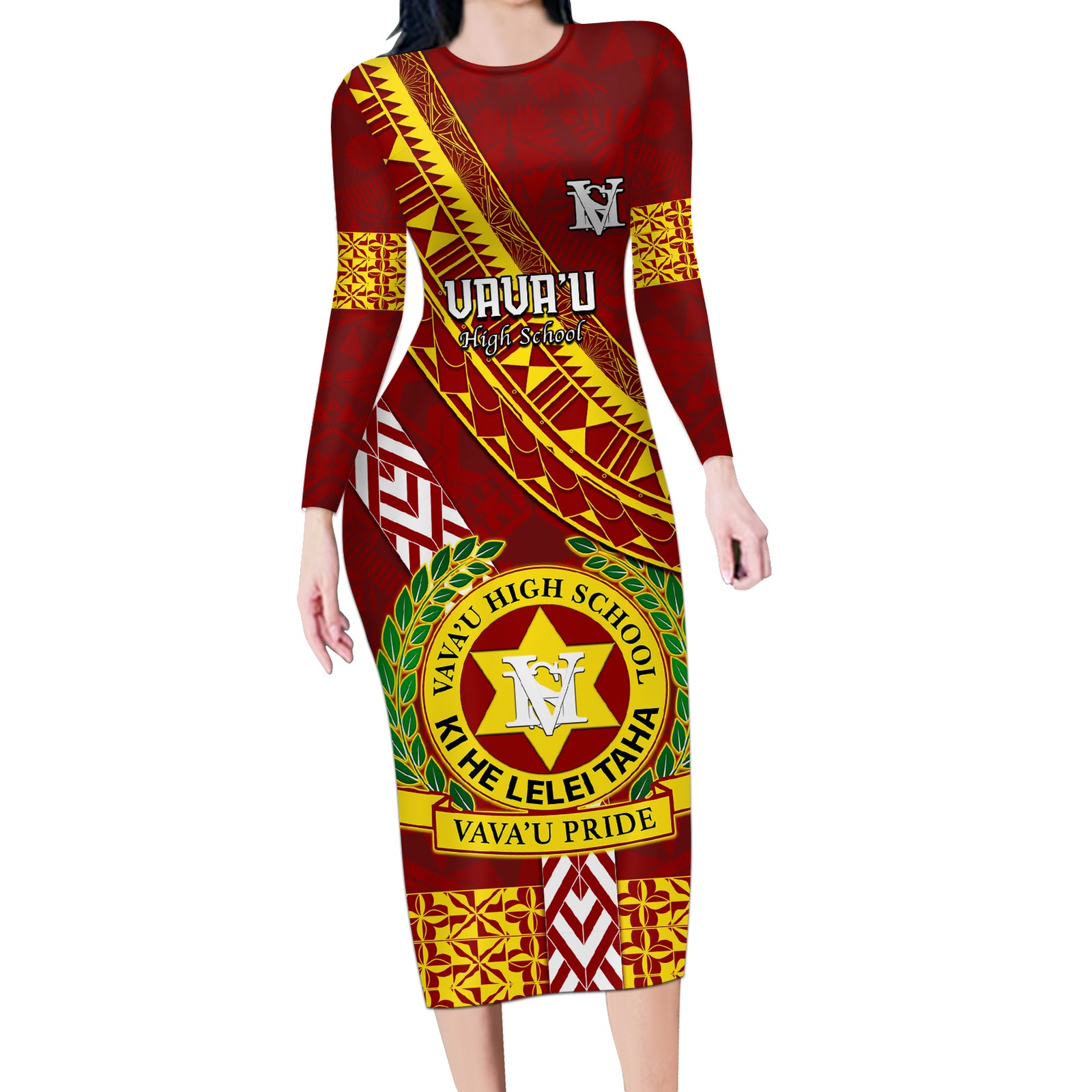 Custom Vavau High School Long Sleeve Bodycon Dress Tongan Kupesi Pattern LT05 Long Dress Red - Polynesian Pride