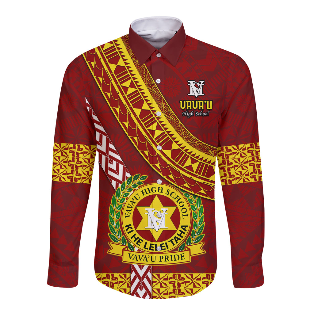 Custom Vavau High School Long Sleeve Button Shirt Tongan Kupesi Pattern LT05 Unisex Red - Polynesian Pride