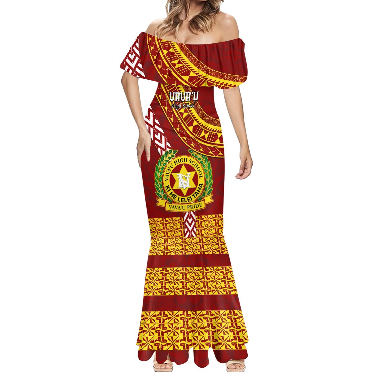 Custom Vavau High School Mermaid Dress Tongan Kupesi Pattern LT05 - Polynesian Pride