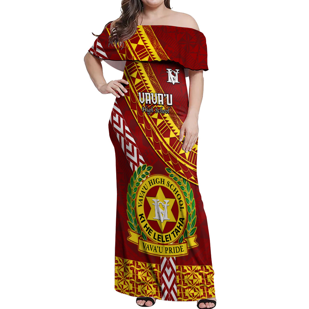 Custom Vavau High School Off Shoulder Maxi Dress Tongan Kupesi Pattern LT05 Women Red - Polynesian Pride