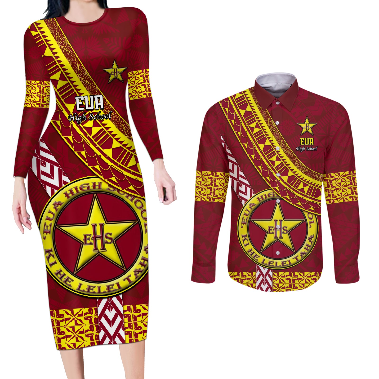 custom-eua-high-school-couples-matching-long-sleeve-bodycon-dress-and-long-sleeve-button-shirts-tongan-kupesi-pattern