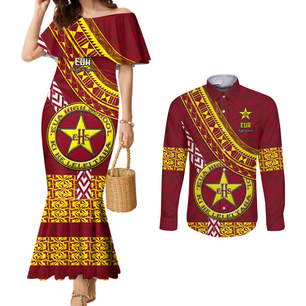 Custom Eua High School Couples Matching Mermaid Dress and Long Sleeve Button Shirts Tongan Kupesi Pattern LT05 Red - Polynesian Pride