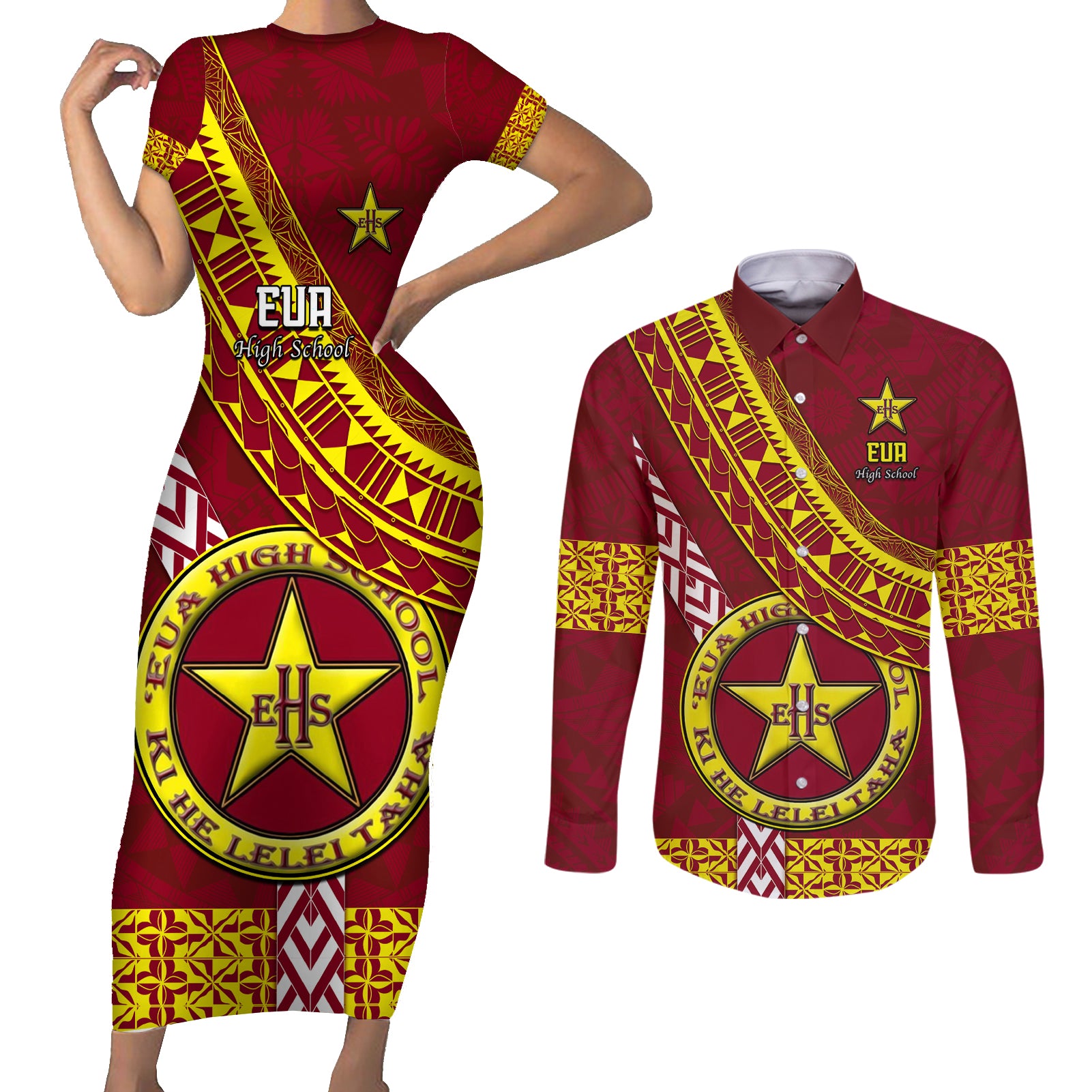 custom-eua-high-school-couples-matching-short-sleeve-bodycon-dress-and-long-sleeve-button-shirts-tongan-kupesi-pattern