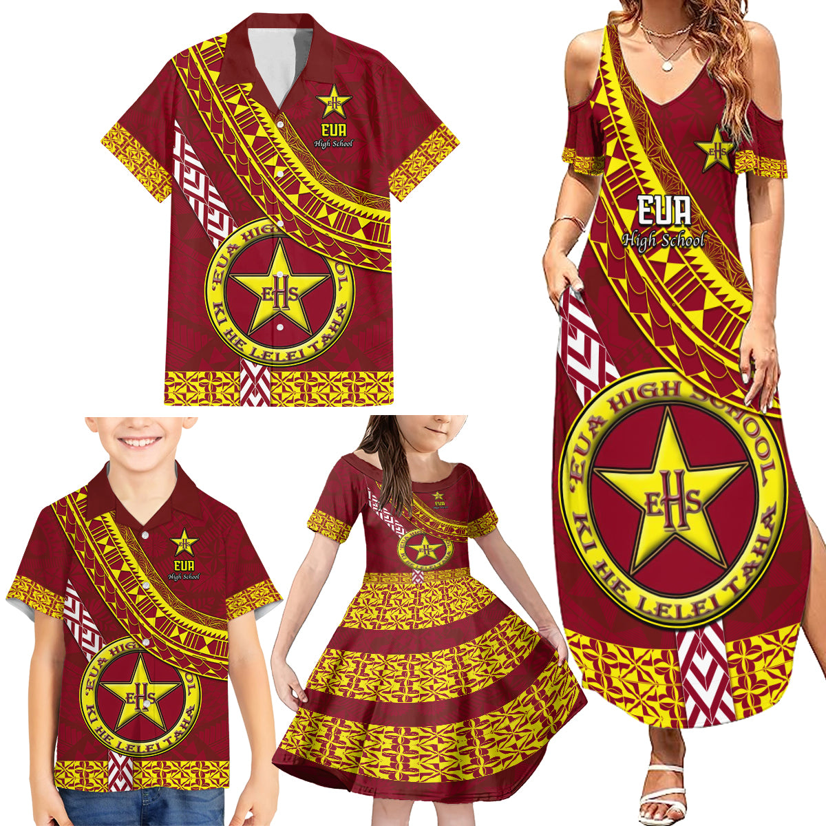 Custom Eua High School Family Matching Summer Maxi Dress and Hawaiian Shirt Tongan Kupesi Pattern LT05 - Polynesian Pride