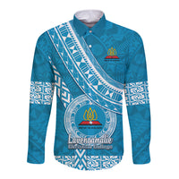 Custom Lavengamalie College Long Sleeve Button Shirt Tongan Kupesi Pattern LT05 Unisex Blue - Polynesian Pride