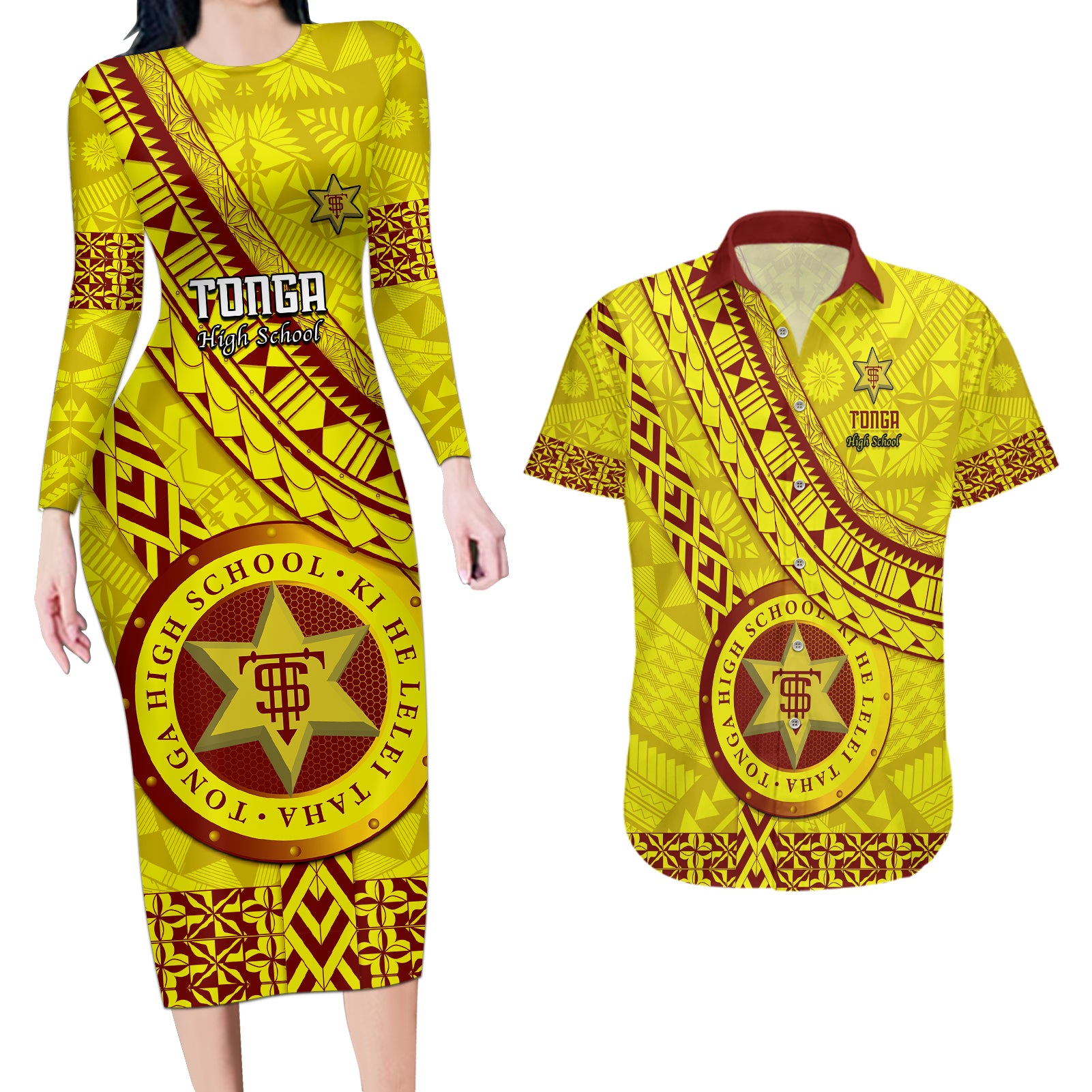 custom-tonga-high-school-couples-matching-long-sleeve-bodycon-dress-and-hawaiian-shirt-tongan-kupesi-pattern