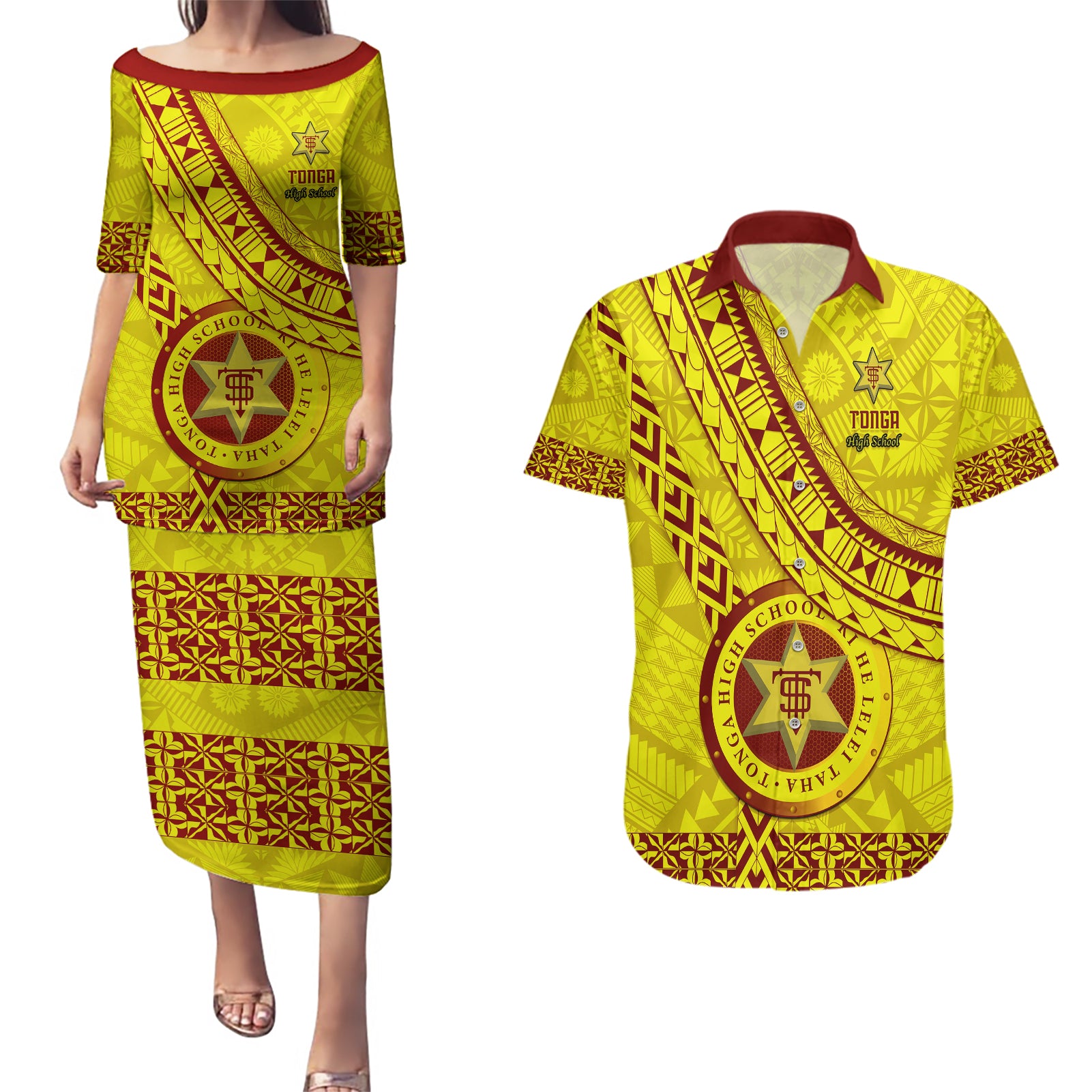 custom-tonga-high-school-couples-matching-puletasi-dress-and-hawaiian-shirt-tongan-kupesi-pattern