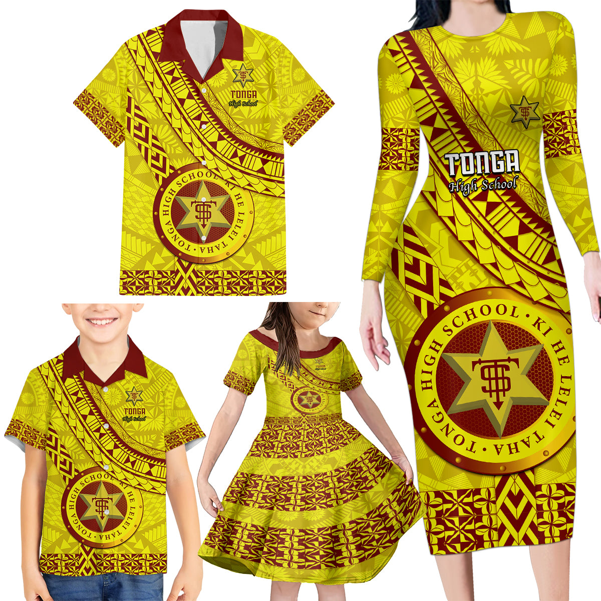 Custom Tonga High School Family Matching Long Sleeve Bodycon Dress and Hawaiian Shirt Tongan Kupesi Pattern LT05 - Polynesian Pride