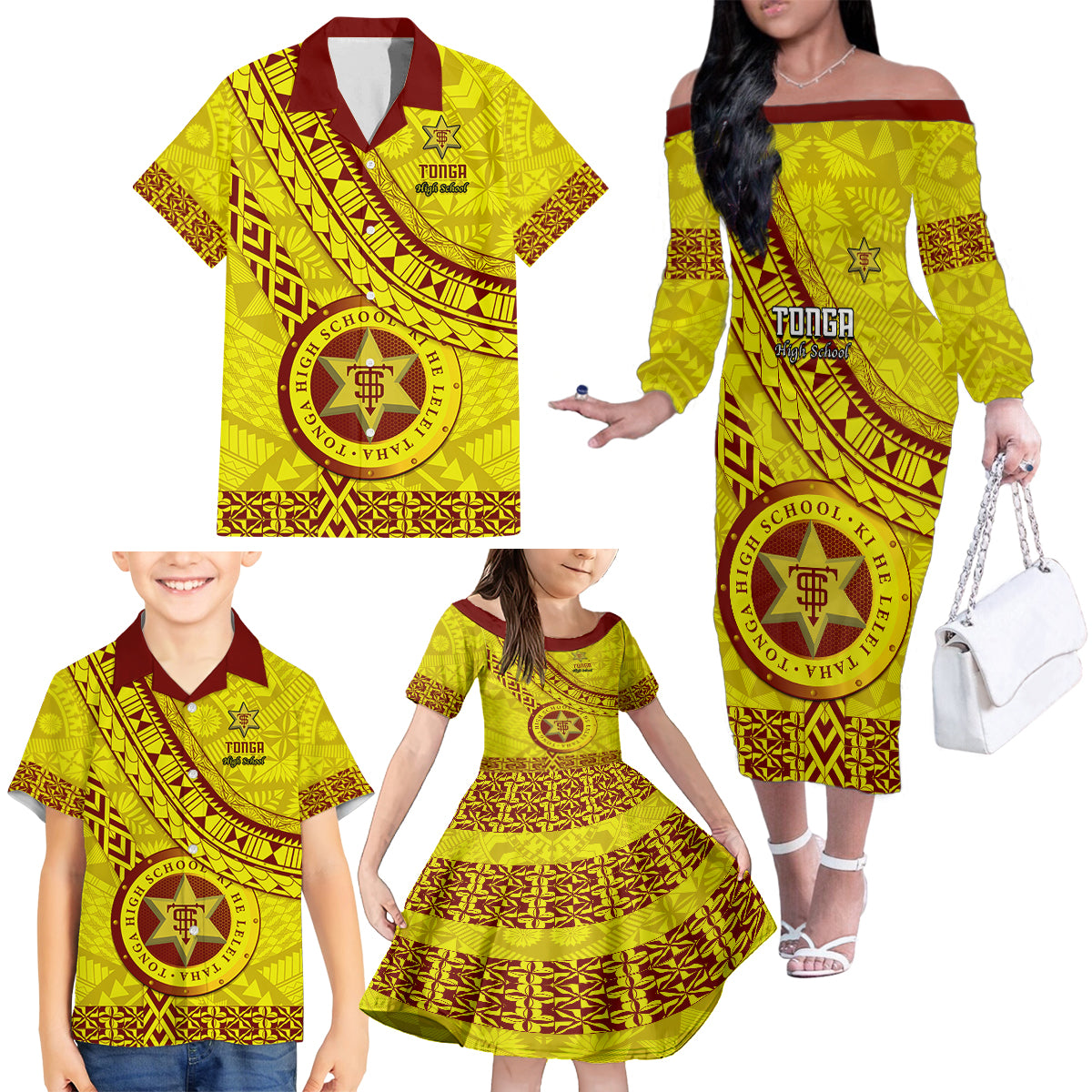 Custom Tonga High School Family Matching Off Shoulder Long Sleeve Dress and Hawaiian Shirt Tongan Kupesi Pattern LT05 - Polynesian Pride