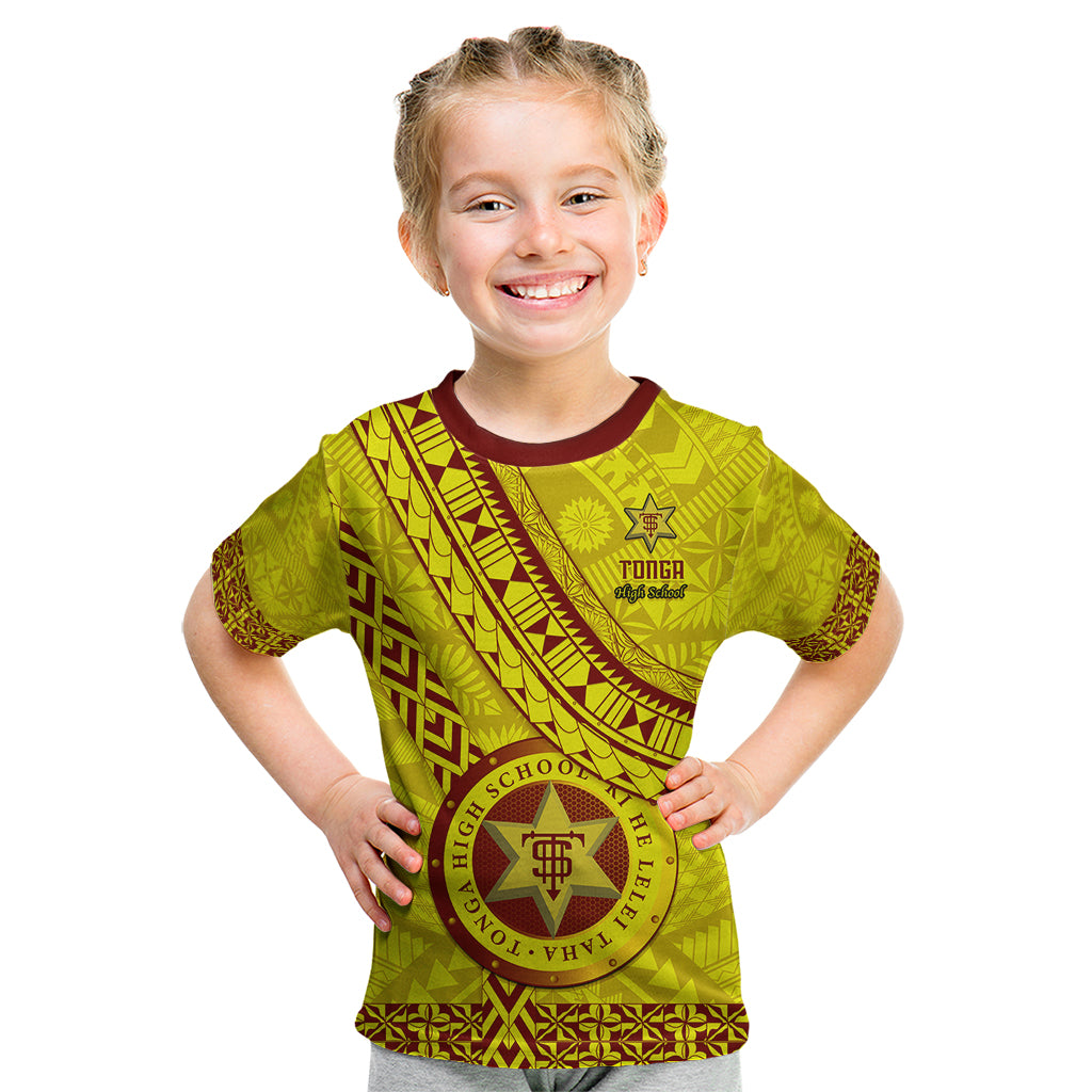 Custom Tonga High School Kid T Shirt Tongan Kupesi Pattern LT05 Yellow - Polynesian Pride