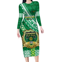 Custom Saineha High School Long Sleeve Bodycon Dress Tongan Kupesi Pattern LT05 Long Dress Green - Polynesian Pride