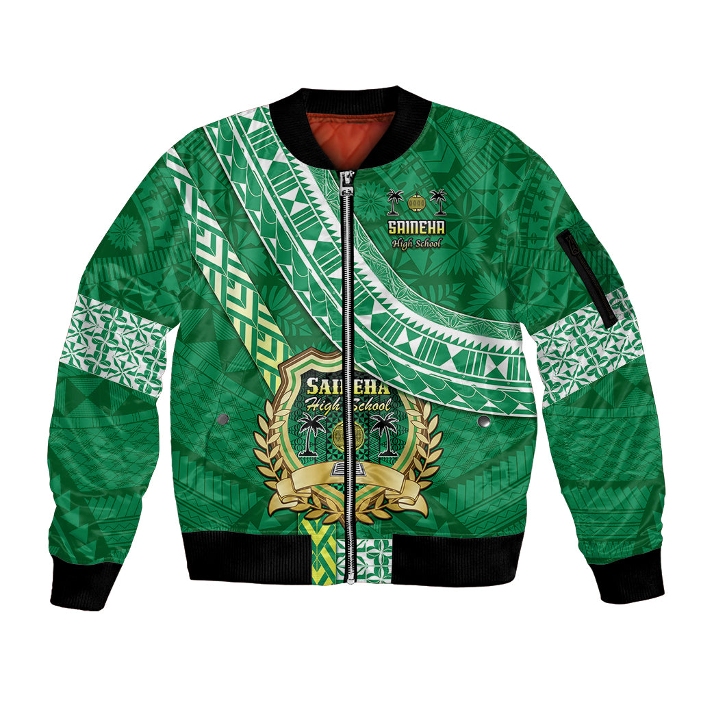 Custom Saineha High School Sleeve Zip Bomber Jacket Tongan Kupesi Pattern LT05 Unisex Green - Polynesian Pride