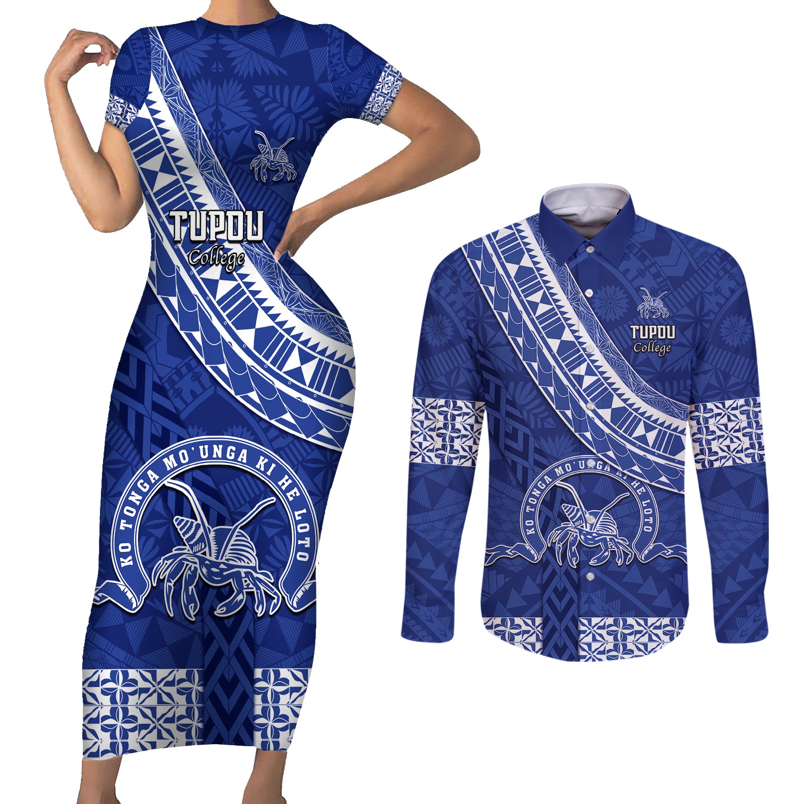 custom-tupou-college-couples-matching-short-sleeve-bodycon-dress-and-long-sleeve-button-shirts-tongan-kupesi-pattern