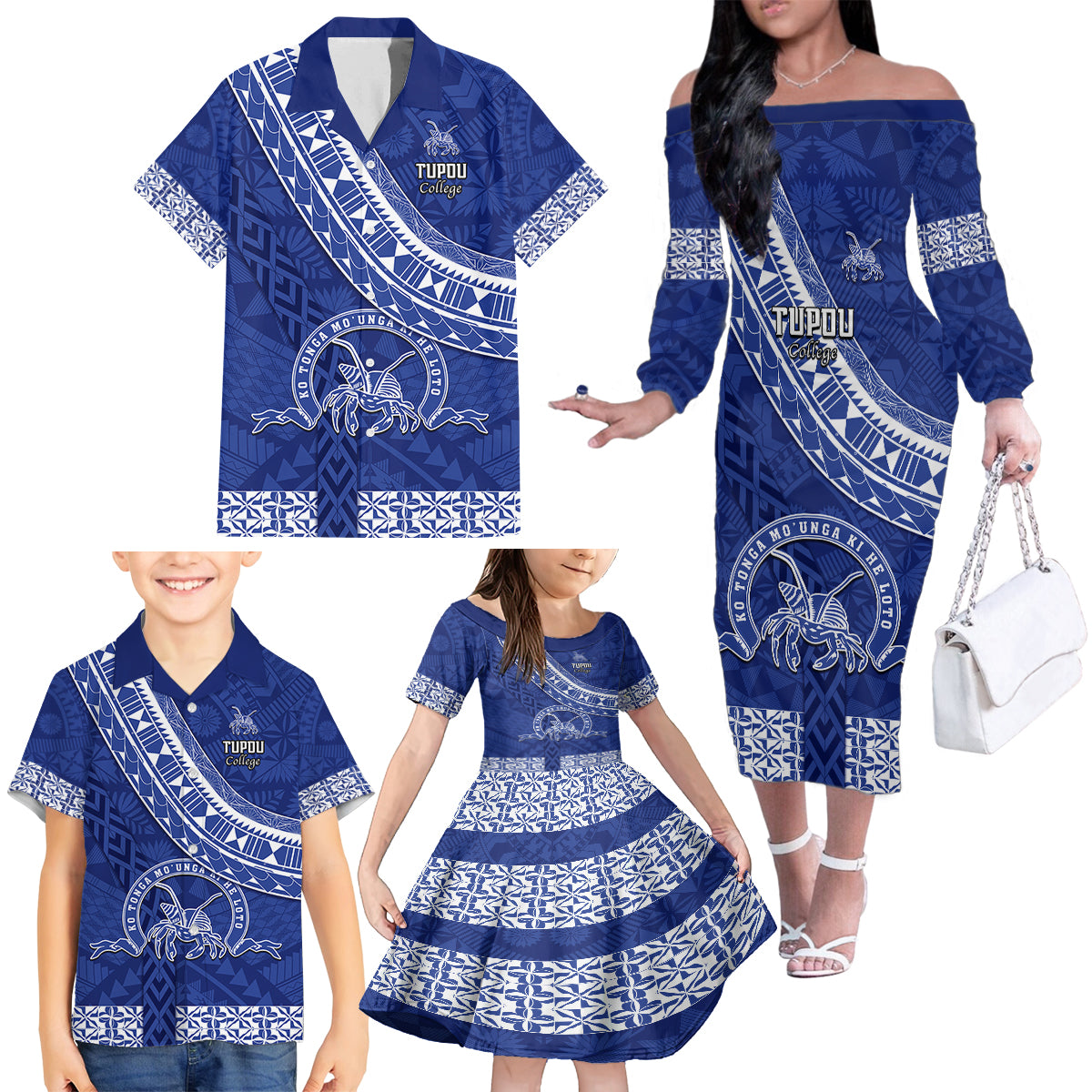 Custom Tupou College Family Matching Off Shoulder Long Sleeve Dress and Hawaiian Shirt Tongan Kupesi Pattern LT05 - Polynesian Pride