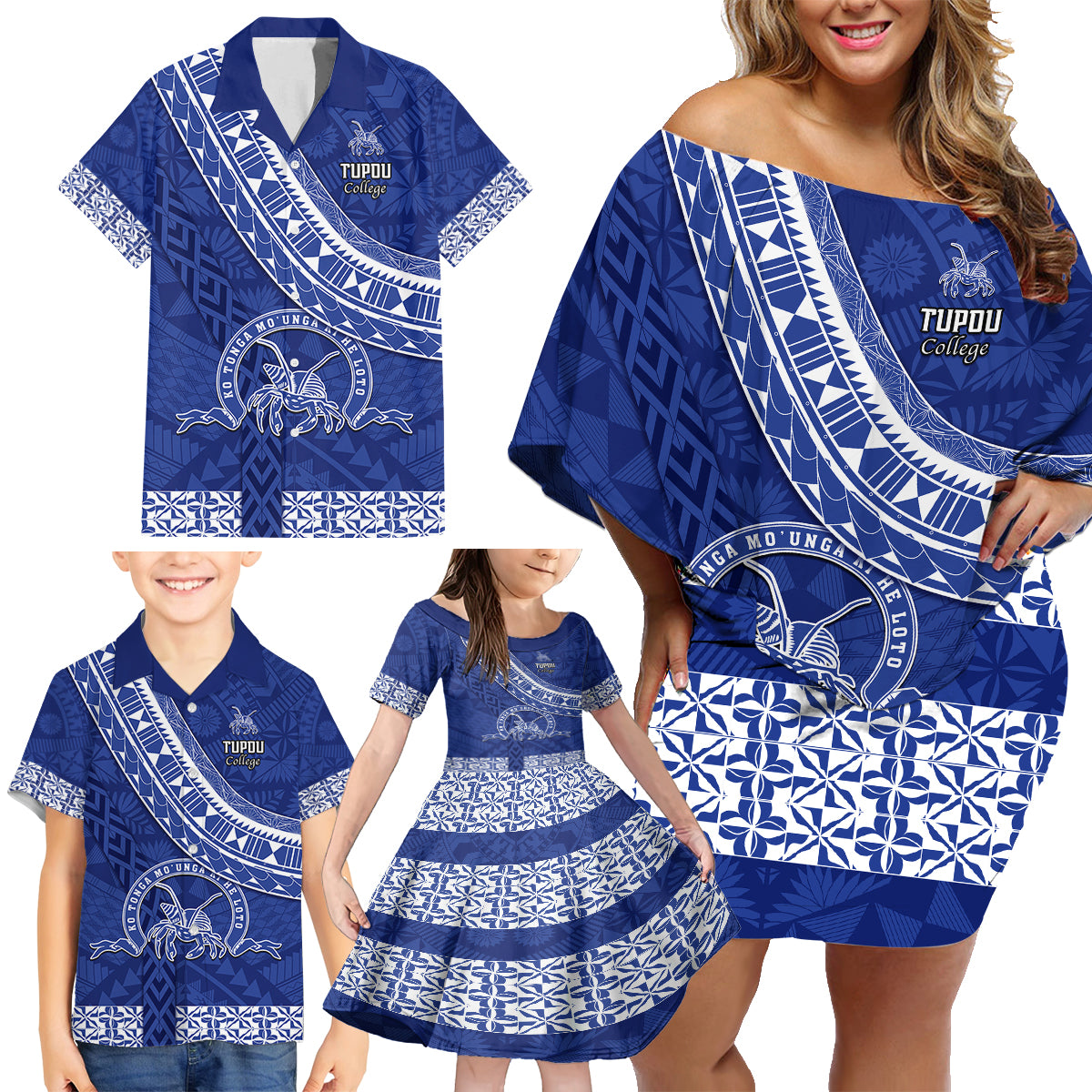 Custom Tupou College Family Matching Off Shoulder Short Dress and Hawaiian Shirt Tongan Kupesi Pattern LT05 - Polynesian Pride