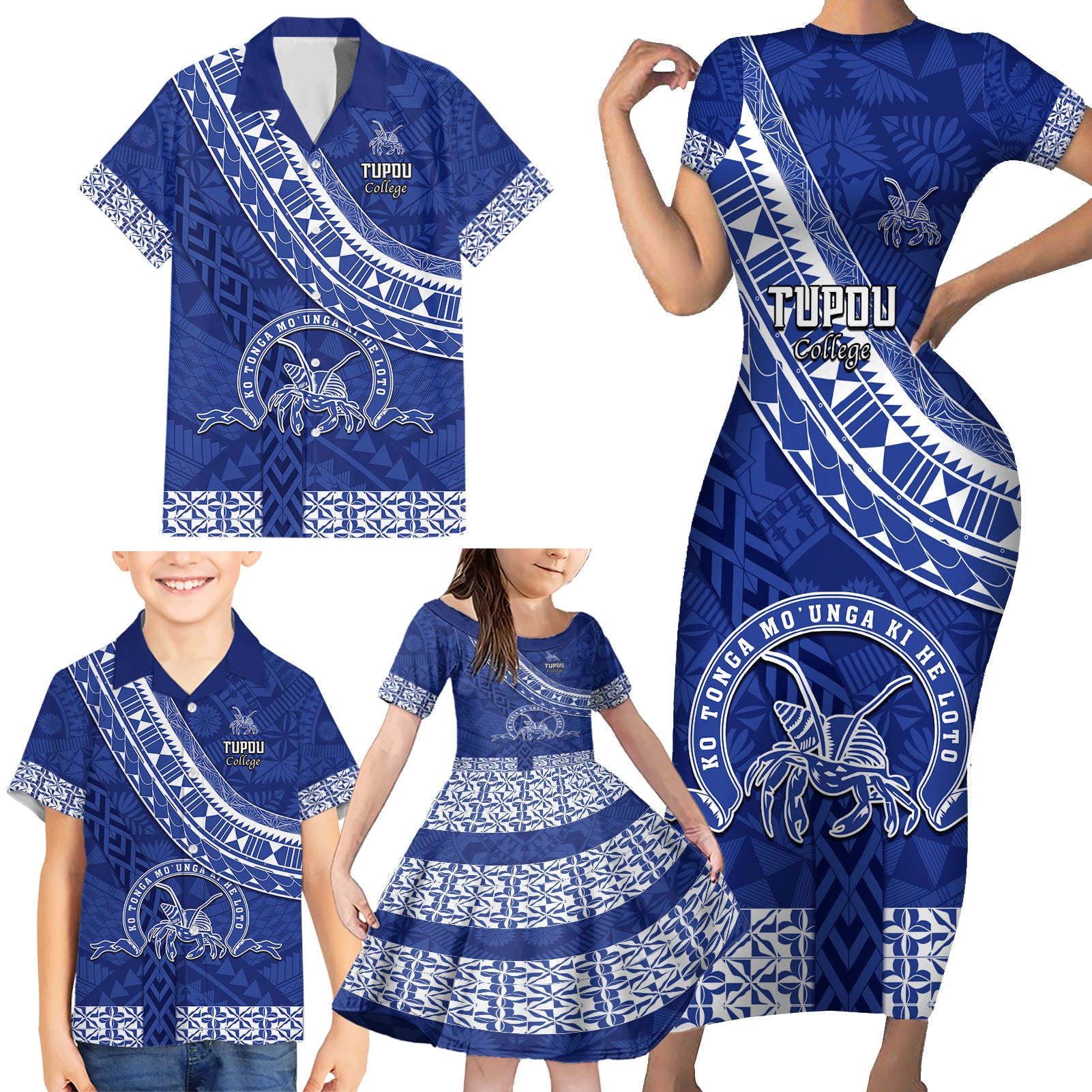 Custom Tupou College Family Matching Short Sleeve Bodycon Dress and Hawaiian Shirt Tongan Kupesi Pattern LT05 - Polynesian Pride