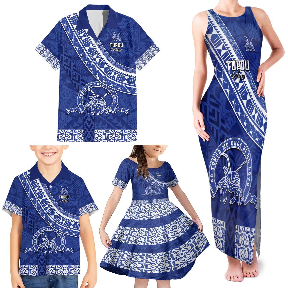 Custom Tupou College Family Matching Tank Maxi Dress and Hawaiian Shirt Tongan Kupesi Pattern LT05 - Polynesian Pride