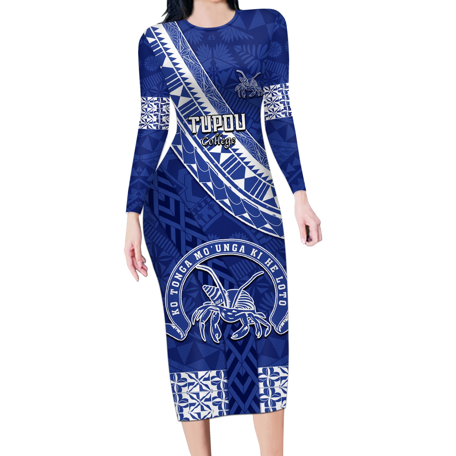 Custom Tupou College Long Sleeve Bodycon Dress Tongan Kupesi Pattern LT05 Long Dress Blue - Polynesian Pride