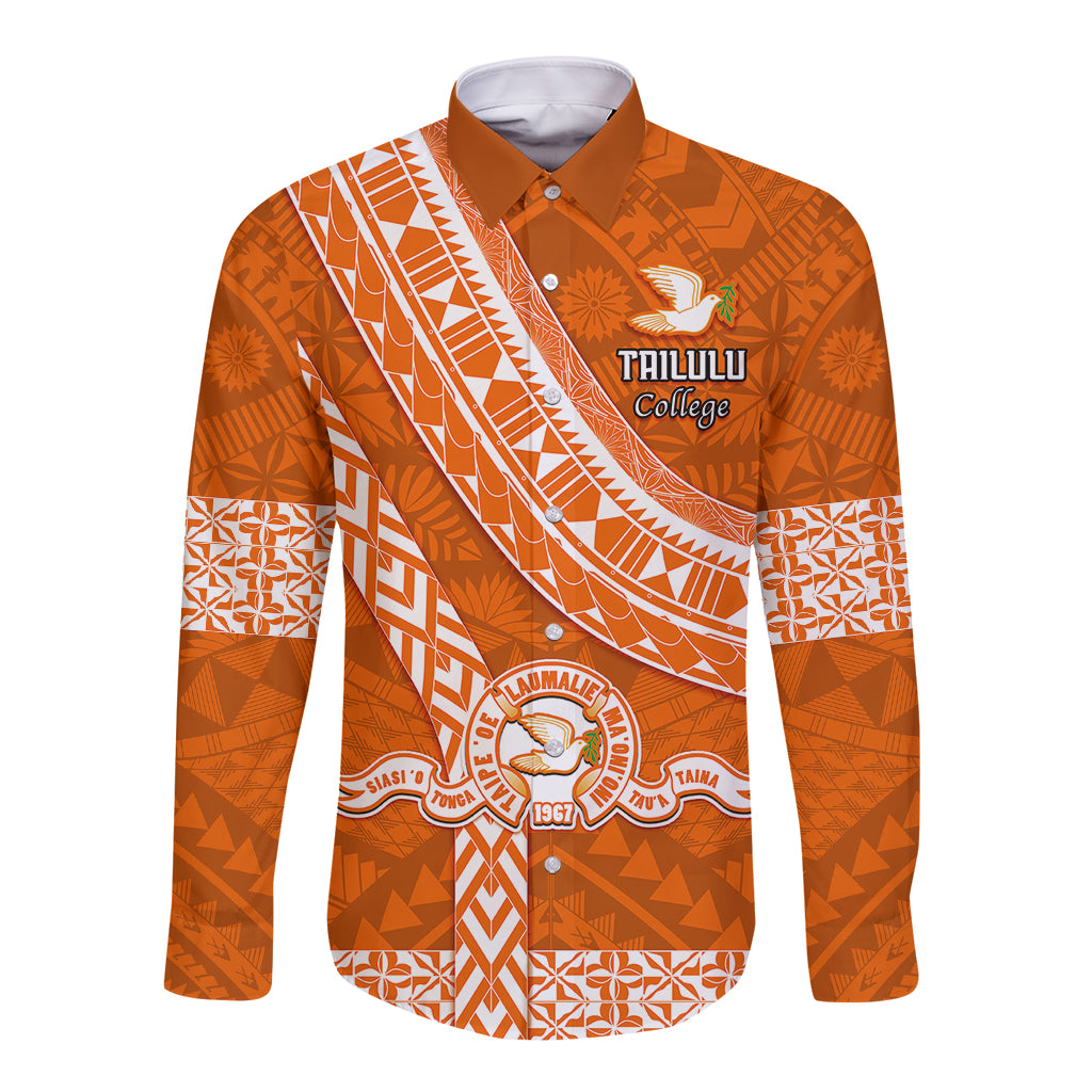 Custom Tailulu College Long Sleeve Button Shirt Tongan Kupesi Pattern LT05 Unisex Orange - Polynesian Pride