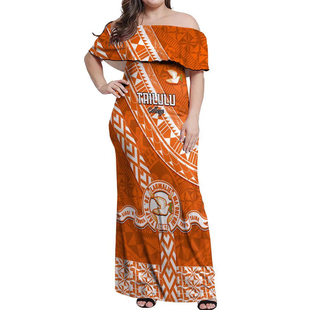 Custom Tailulu College Off Shoulder Maxi Dress Tongan Kupesi Pattern LT05 Women Orange - Polynesian Pride
